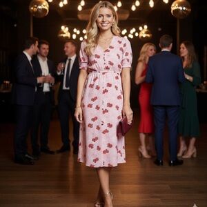 Influence midi dress with red floral and polka dot Button  Front Si…